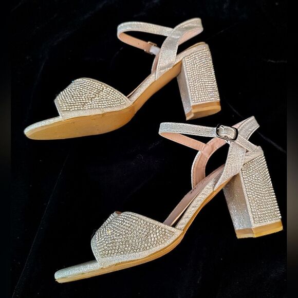Rhinestone sparkle Silver Chunky Heel Shoes Sandals Sz 6 - Picture 14 of 16